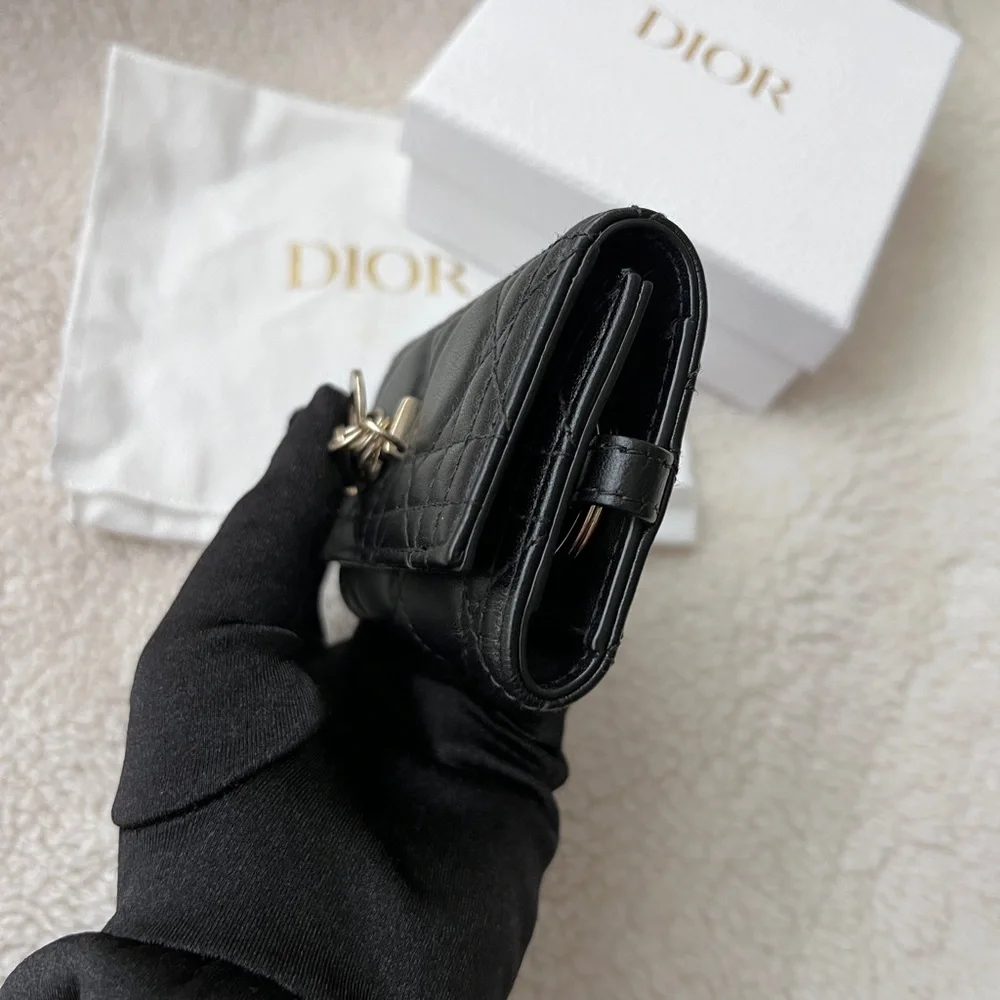 Auth Dior Quilted Logo Charm Key Holder Wallet - Black w/ Gold Hardware